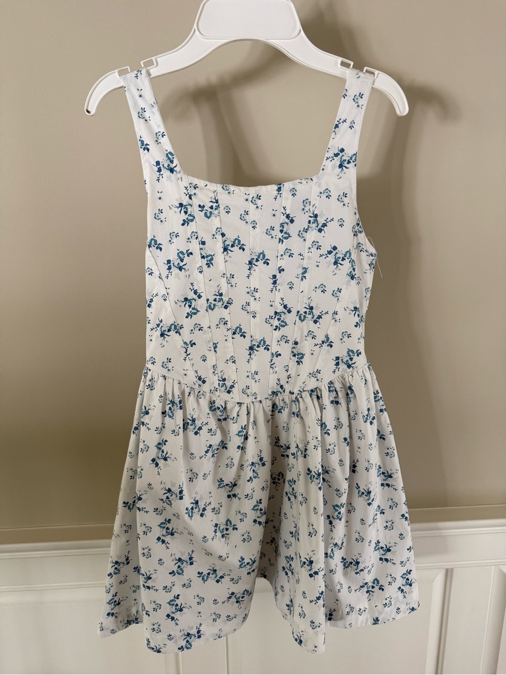 Girls' White Floral Corseted Sundress with Blue Floral Print